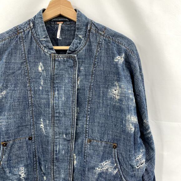 Free People S Denim Lightweight Distressed Bomber Jacket - Picture 2 of 6